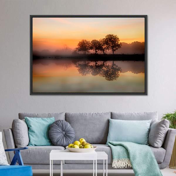 Foggy Autumn Sunrise Canvas Wall Art-3 Horizontal-Gallery Wrap-25" x 16"-Tiaracle