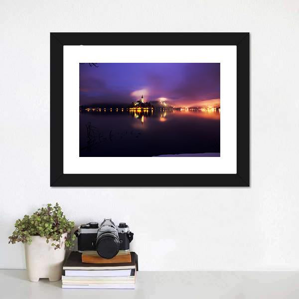 Foggy Dusk In Bled Lake Canvas Wall Art-1 Piece-Framed Print-20" x 16"-Tiaracle