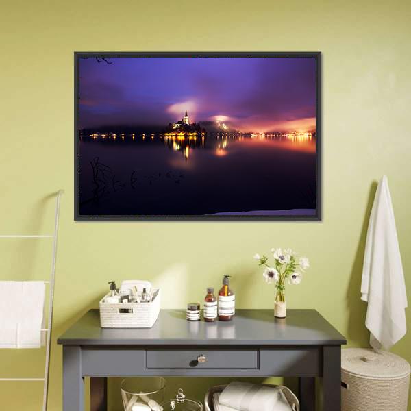 Foggy Dusk In Bled Lake Canvas Wall Art-1 Piece-Floating Frame-24" x 16"-Tiaracle