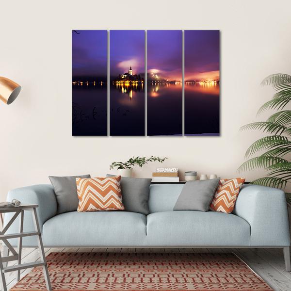 Foggy Dusk In Bled Lake Canvas Wall Art-4 Horizontal-Gallery Wrap-34" x 24"-Tiaracle