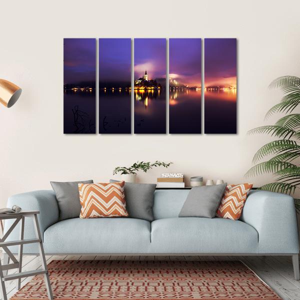Foggy Dusk In Bled Lake Canvas Wall Art-5 Horizontal-Gallery Wrap-22" x 12"-Tiaracle