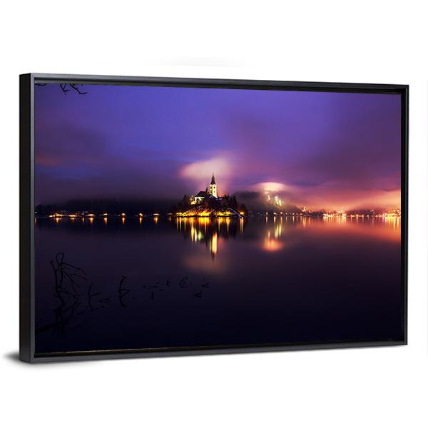 Foggy Dusk In Bled Lake Canvas Wall Art-5 Horizontal-Gallery Wrap-22" x 12"-Tiaracle