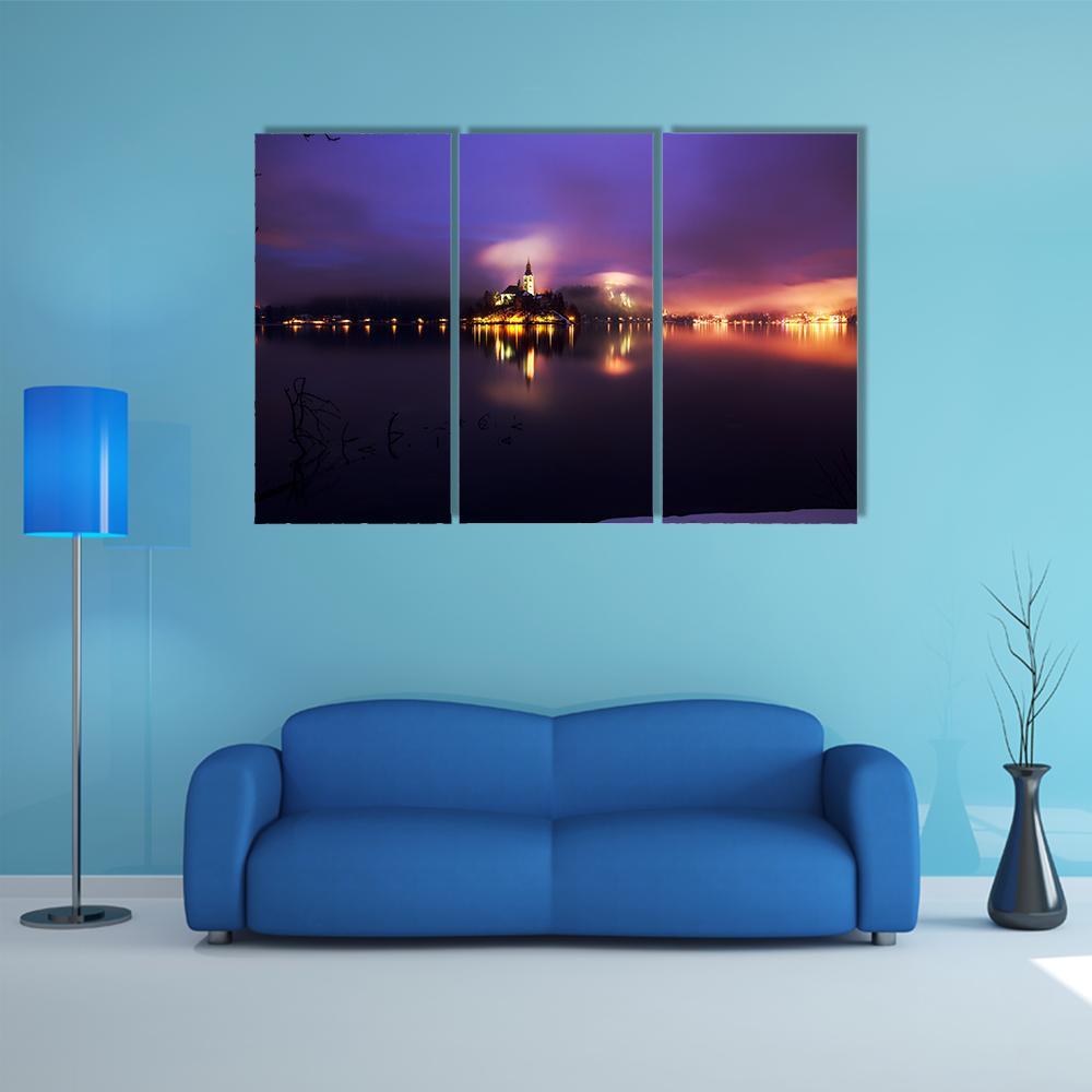 Foggy Dusk In Bled Lake Canvas Wall Art-3 Horizontal-Gallery Wrap-37" x 24"-Tiaracle