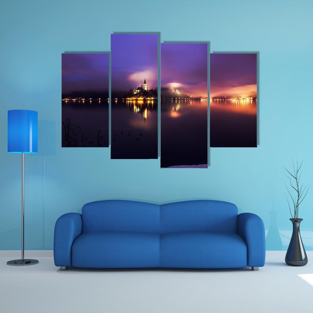 Foggy Dusk In Bled Lake Canvas Wall Art-4 Pop-Gallery Wrap-50" x 32"-Tiaracle