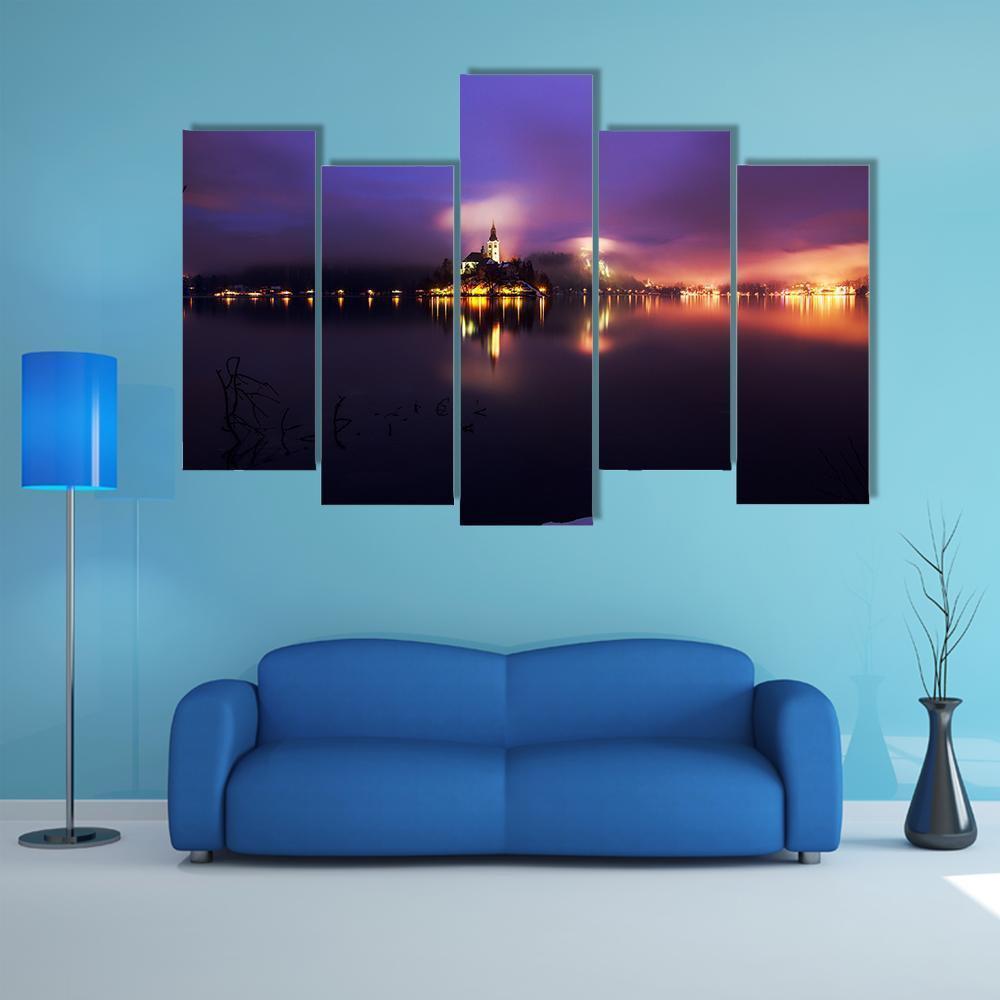 Foggy Dusk In Bled Lake Canvas Wall Art-5 Pop-Gallery Wrap-47" x 32"-Tiaracle