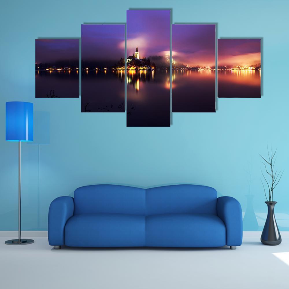 Foggy Dusk In Bled Lake Canvas Wall Art-5 Star-Gallery Wrap-62" x 32"-Tiaracle