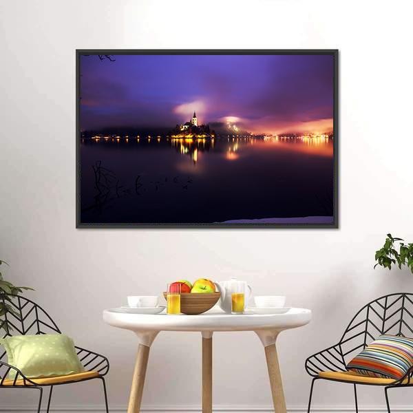 Foggy Dusk In Bled Lake Canvas Wall Art-3 Horizontal-Gallery Wrap-25" x 16"-Tiaracle