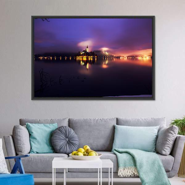 Foggy Dusk In Bled Lake Canvas Wall Art-3 Horizontal-Gallery Wrap-25" x 16"-Tiaracle