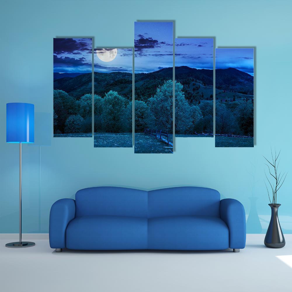 Foggy Forest At Night Canvas Wall Art-5 Pop-Gallery Wrap-47" x 32"-Tiaracle