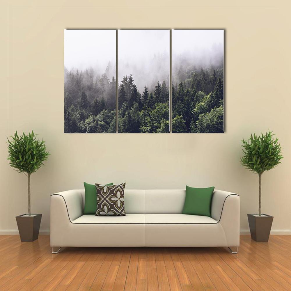 Foggy Forested Mountain Canvas Wall Art-3 Horizontal-Gallery Wrap-37&quot; x 24&quot;-Tiaracle