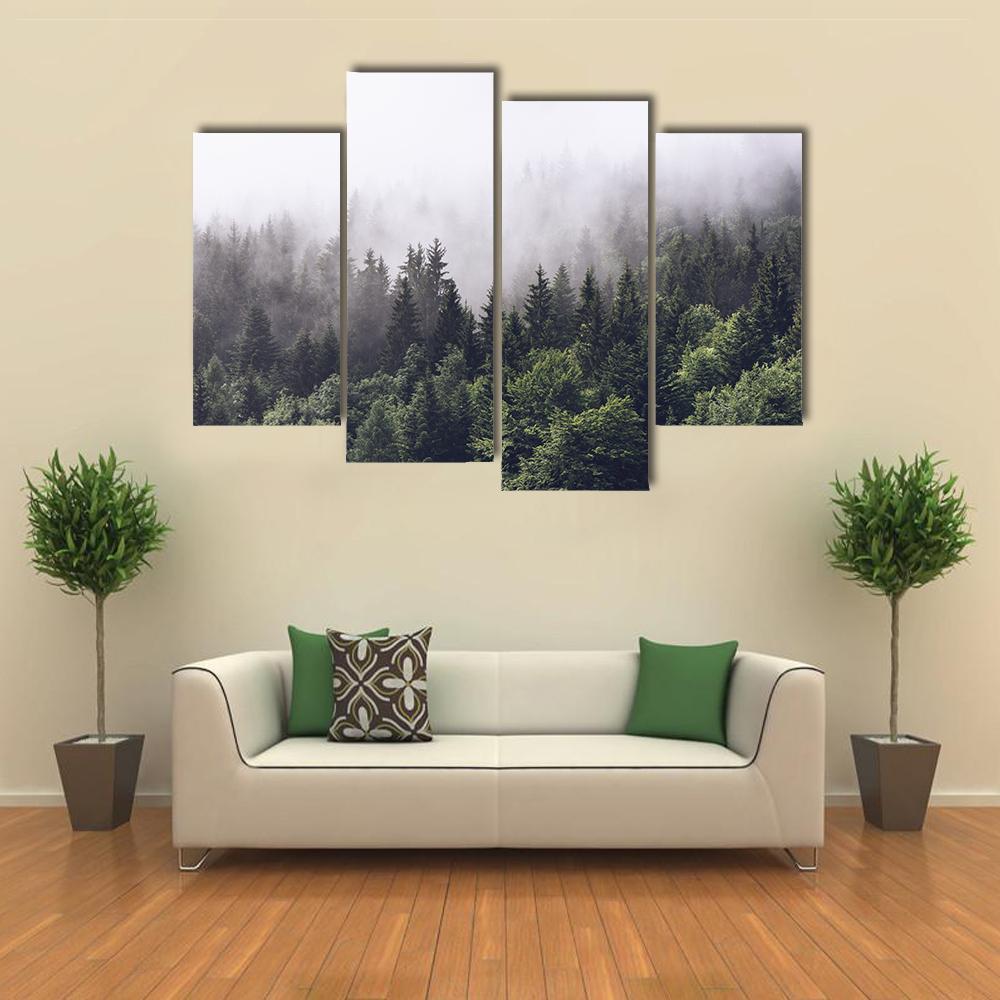 Foggy Forested Mountain Canvas Wall Art-4 Pop-Gallery Wrap-50&quot; x 32&quot;-Tiaracle