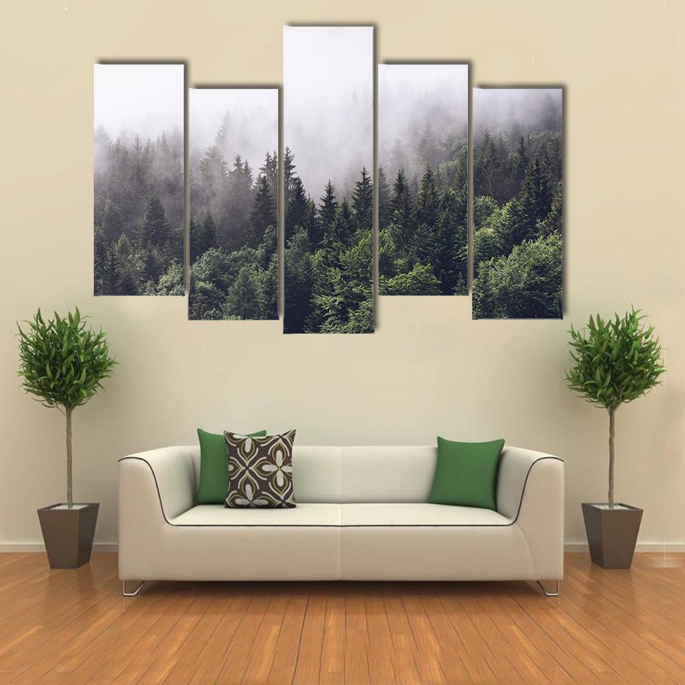 Foggy Forested Mountain Canvas Wall Art-5 Pop-Gallery Wrap-47&quot; x 32&quot;-Tiaracle