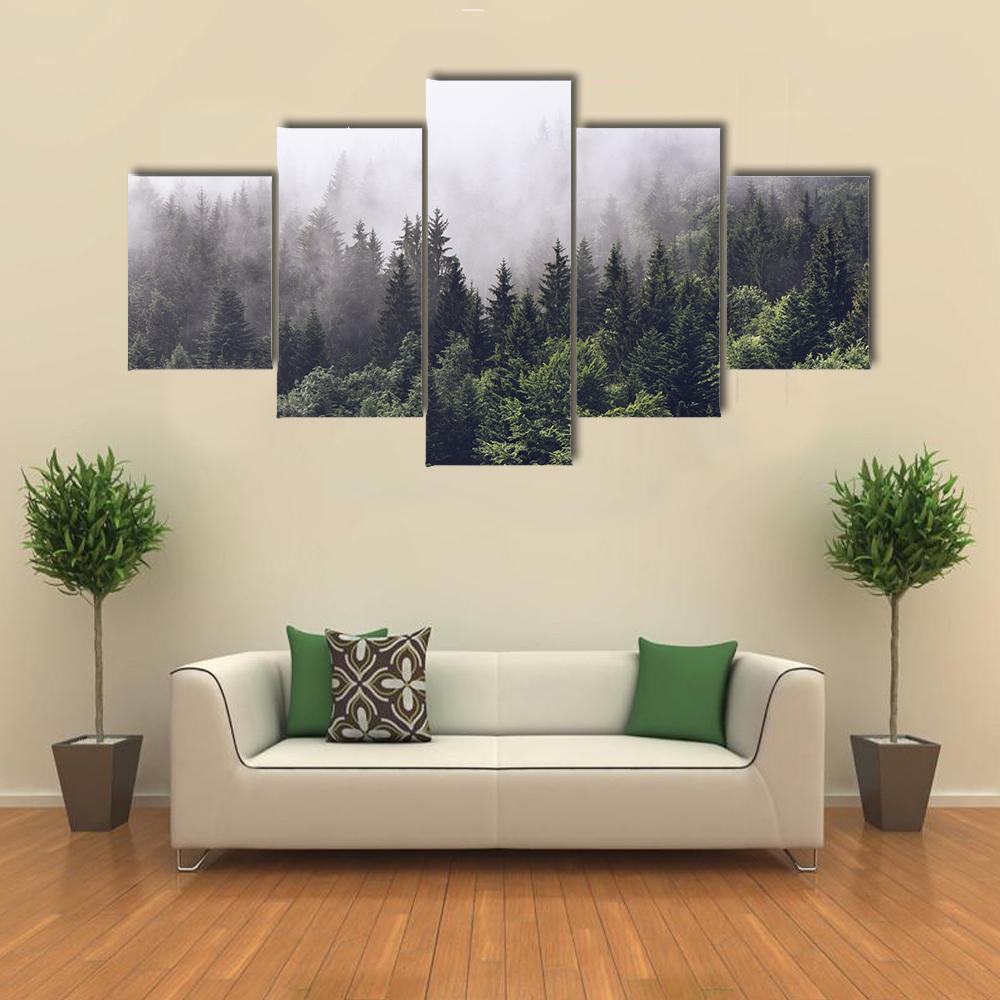 Foggy Forested Mountain Canvas Wall Art-5 Star-Gallery Wrap-62&quot; x 32&quot;-Tiaracle