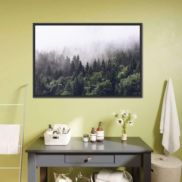 Foggy Forested Mountain Canvas Wall Art-1 Piece-Floating Frame-24&quot; x 16&quot;-Tiaracle