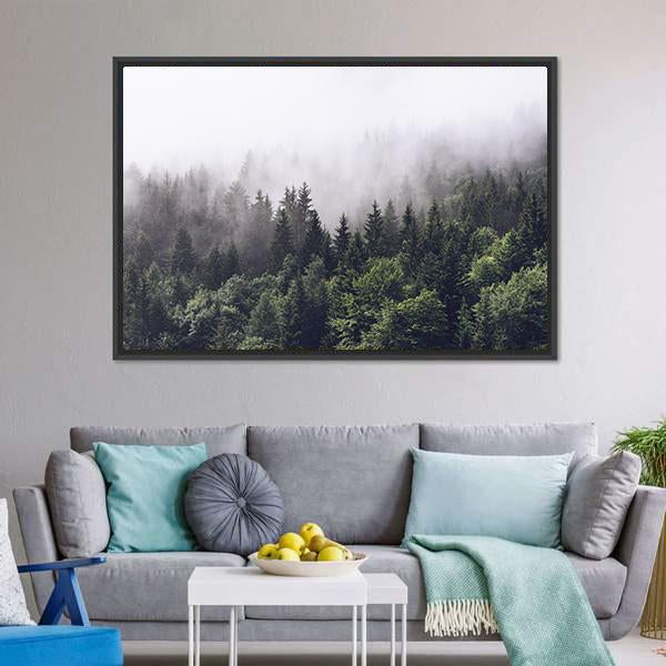 Foggy Forested Mountain Canvas Wall Art-3 Horizontal-Gallery Wrap-25&quot; x 16&quot;-Tiaracle