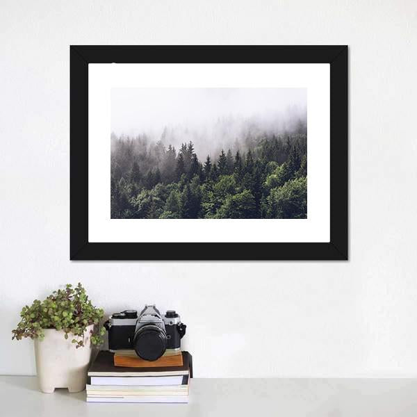 Foggy Forested Mountain Canvas Wall Art-1 Piece-Framed Print-20&quot; x 16&quot;-Tiaracle