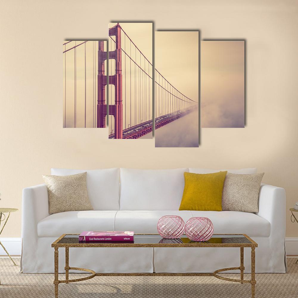 Foggy Golden Gate Bridge Canvas Wall Art-4 Pop-Gallery Wrap-50" x 32"-Tiaracle