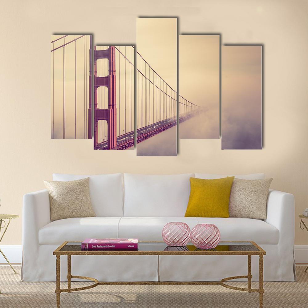 Foggy Golden Gate Bridge Canvas Wall Art-5 Pop-Gallery Wrap-47" x 32"-Tiaracle