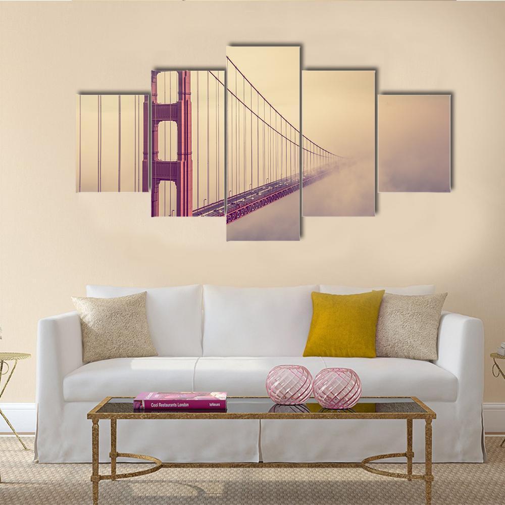 Foggy Golden Gate Bridge Canvas Wall Art-5 Pop-Gallery Wrap-47" x 32"-Tiaracle