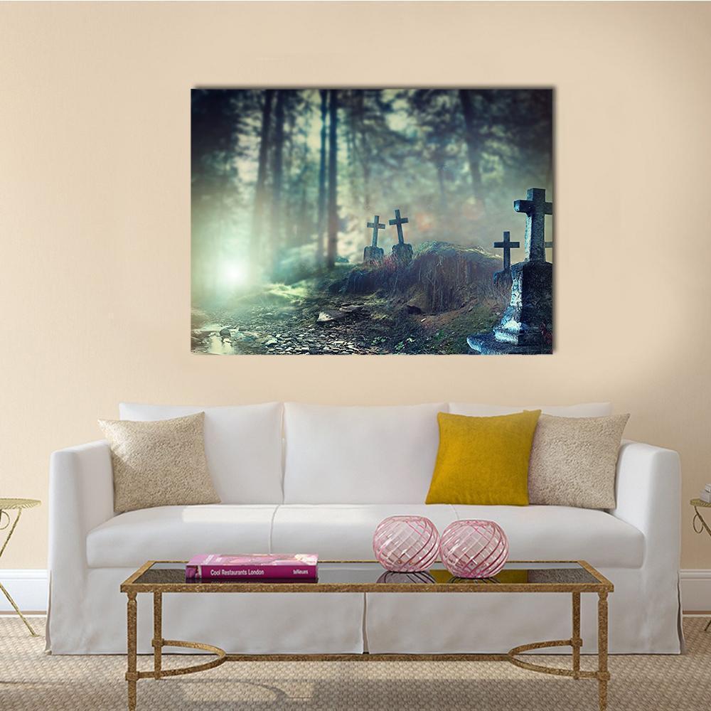 Foggy Graveyard with Stone Crosses Canvas Wall Art in black, gray and green, single panel hung on a wall