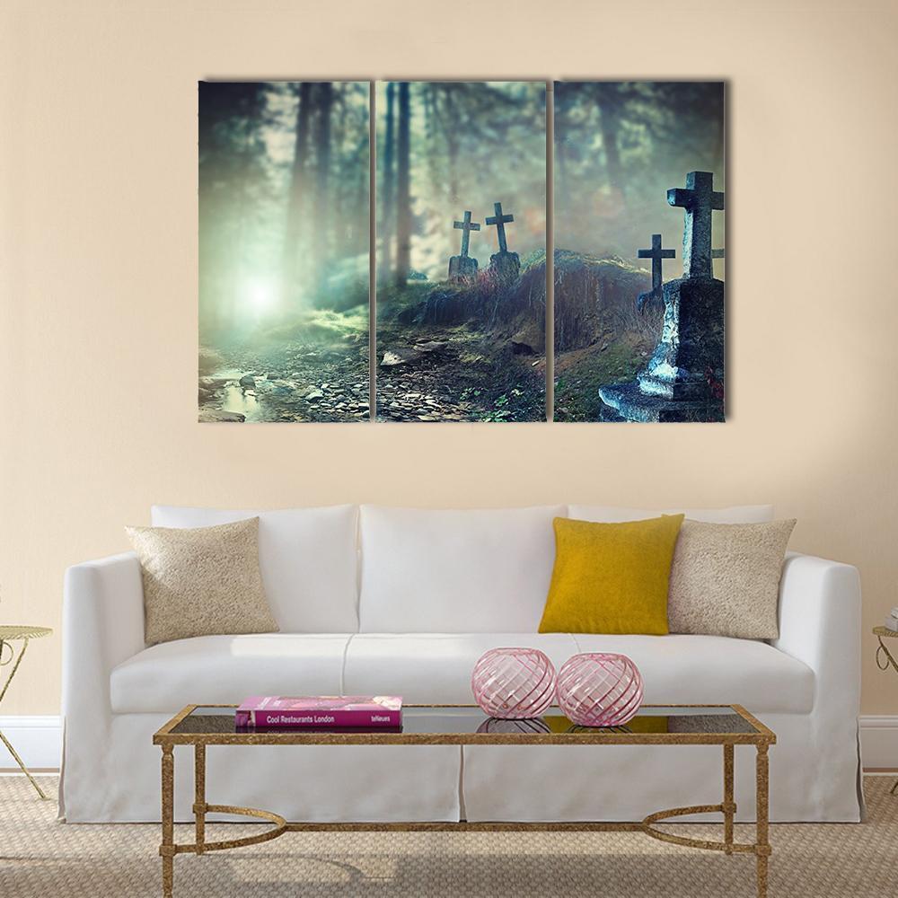 Foggy Graveyard Canvas Wall Art-3 Horizontal-Gallery Wrap-37" x 24"-Tiaracle