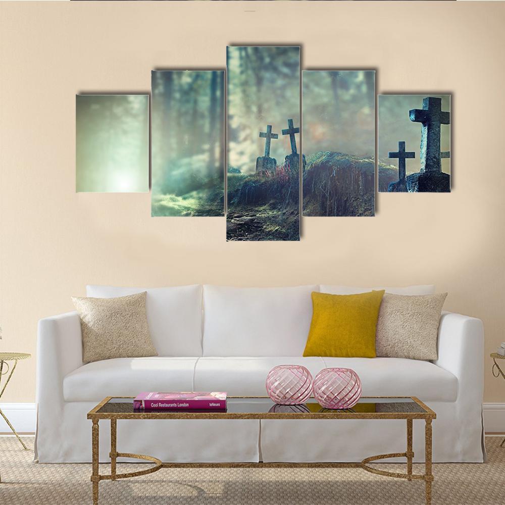 Foggy Graveyard Canvas Wall Art-5 Star-Gallery Wrap-62" x 32"-Tiaracle