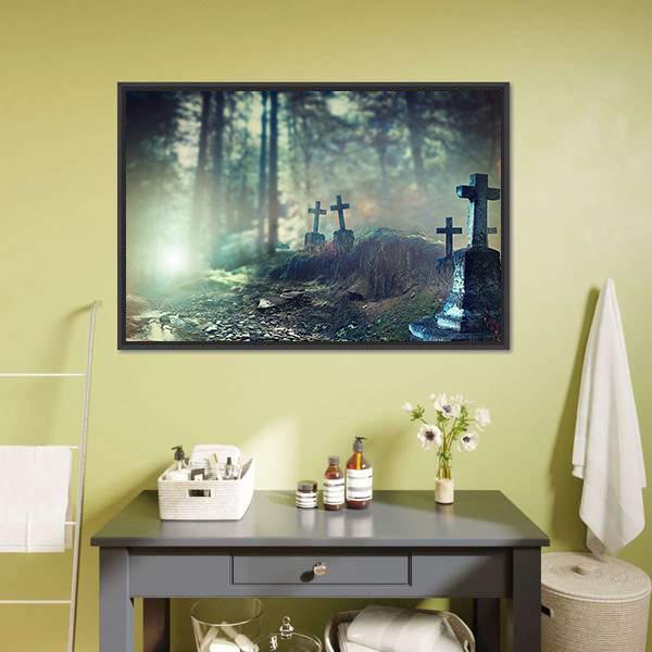 Foggy Graveyard Canvas Wall Art-1 Piece-Floating Frame-24" x 16"-Tiaracle