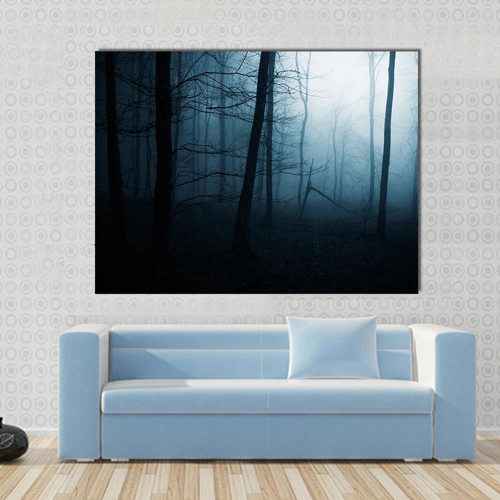 Foggy Haunted Jungle Canvas Wall Art in black, gray and blue, single panel hung on a wall