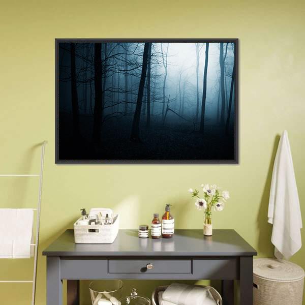 Foggy Haunted Jungle Canvas Wall Art in black, gray and blue, framed canvas, product view on a white background