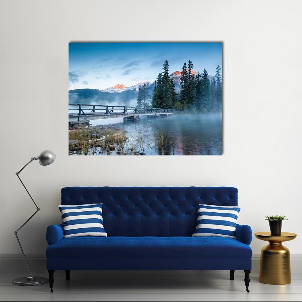 Foggy Pyramid Lake at Dawn Canvas Wall Art in gray, green and blue, single panel hung on a wall