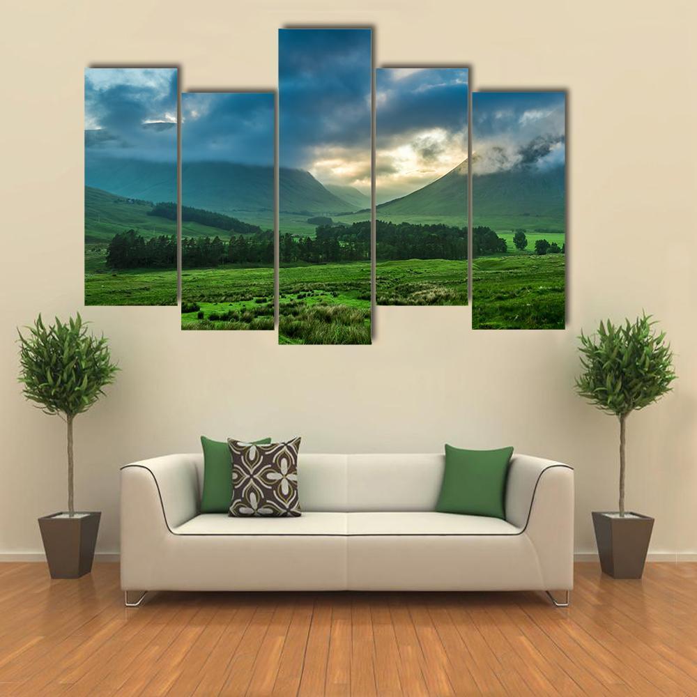 Foggy Sunset In Glencoe Canvas Wall Art-5 Pop-Gallery Wrap-47" x 32"-Tiaracle