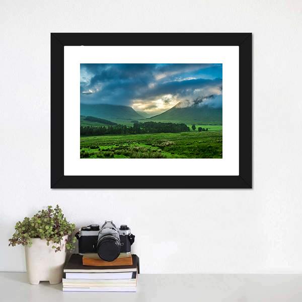 Foggy Sunset In Glencoe Canvas Wall Art-1 Piece-Framed Print-20" x 16"-Tiaracle