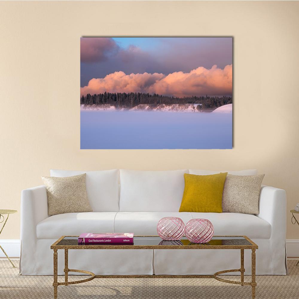 Foggy Winter Evening Canvas Wall Art in white, blue and pink, single panel hung on a wall