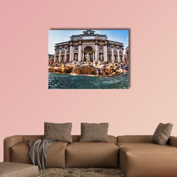 Trevi Fountain, Rome Canvas Wall Art in gray, beige and blue, single panel hung on a wall