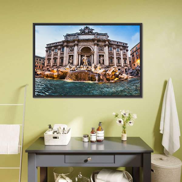 Trevi Fountain, Rome Canvas Wall Art in gray, beige and blue, framed canvas, product view on a white background