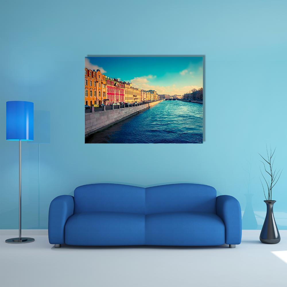 Fontanka Canal in Saint Petersburg Canvas Wall Art in orange, yellow and blue, single panel hung on a wall