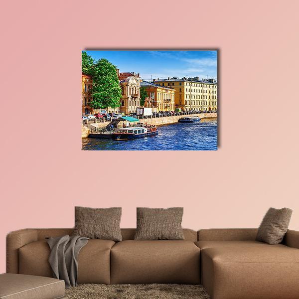 Fontanka Canal, Saint Petersburg Canvas Wall Art in orange, yellow and blue, single panel hung on a wall