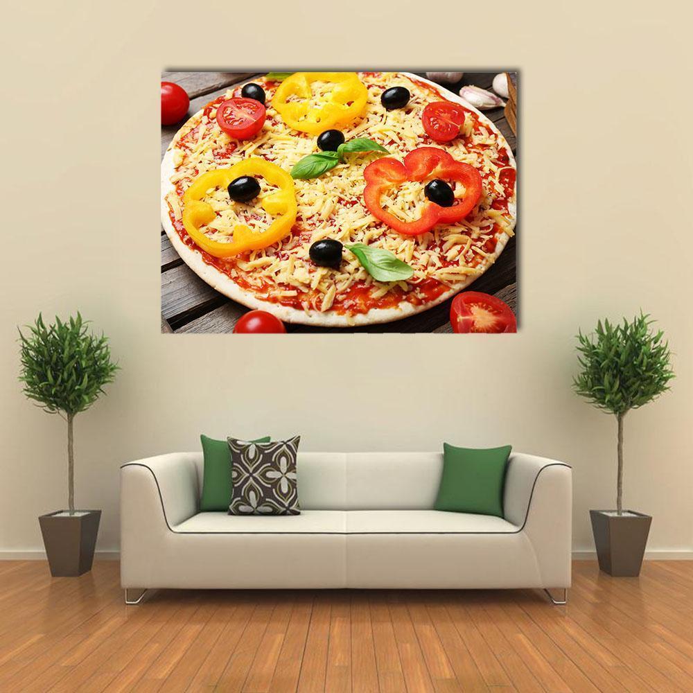 Overhead View of Pizza Ingredients Canvas Wall Art in beige, red and yellow, single panel hung on a wall