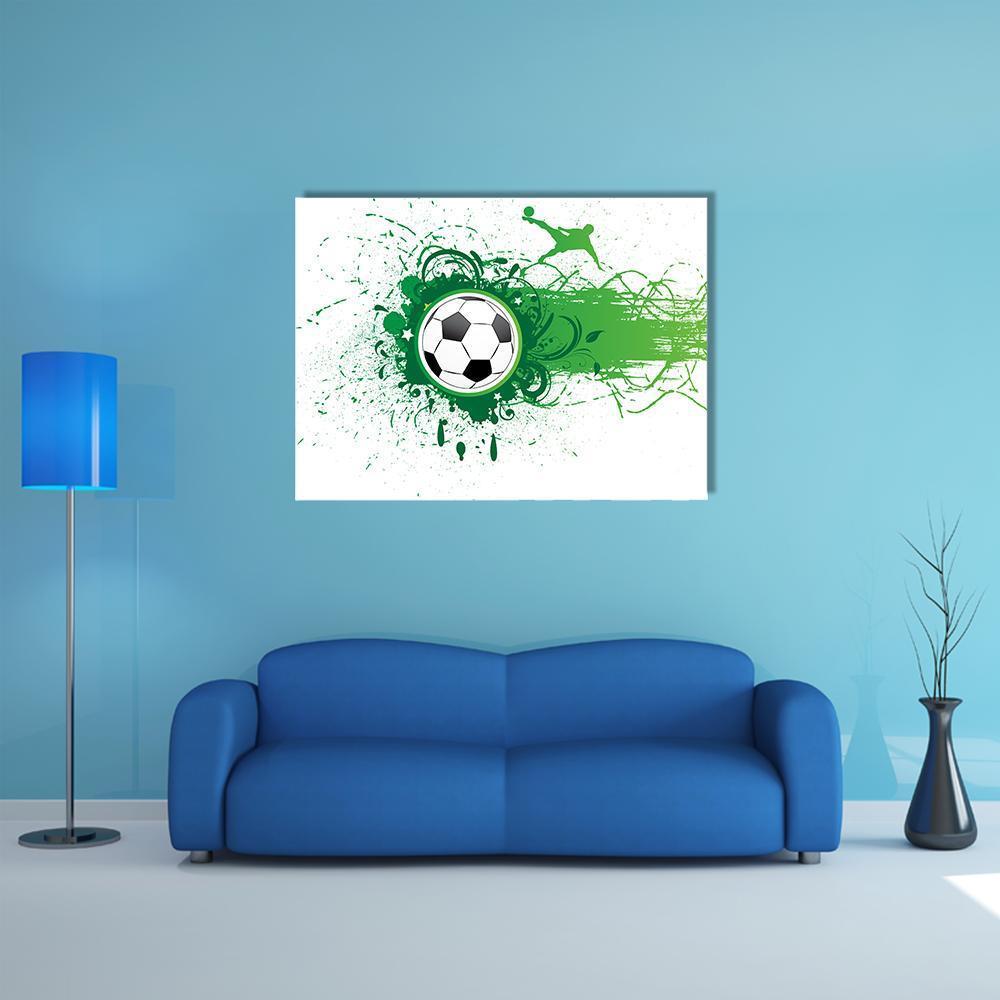 Green Soccer Player Silhouette Graphic Canvas Wall Art in black, white and green, single panel hung on a wall