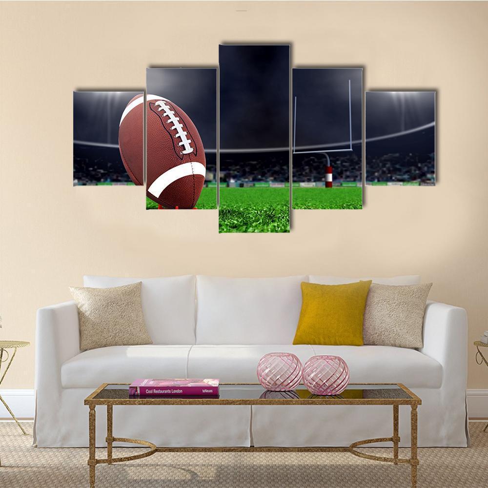 Football On Green Field Canvas Wall Art-5 Star-Gallery Wrap-62&quot; x 32&quot;-Tiaracle