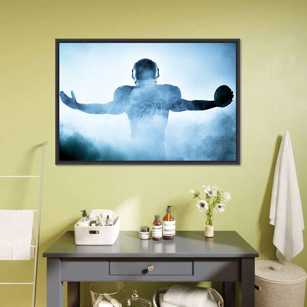 Football Player Portrait Silhouette Canvas Wall Art in black, white and blue, framed canvas, product view on a white background
