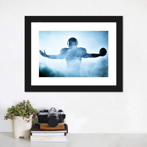Football Player Portrait Silhouette Canvas Wall Art in black, white and blue, framed print, product view on a white background