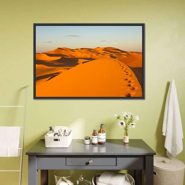 Footprints In Sand Dunes Canvas Wall Art-1 Piece-Floating Frame-24" x 16"-Tiaracle