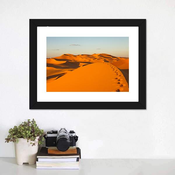 Footprints In Sand Dunes Canvas Wall Art-1 Piece-Framed Print-20" x 16"-Tiaracle