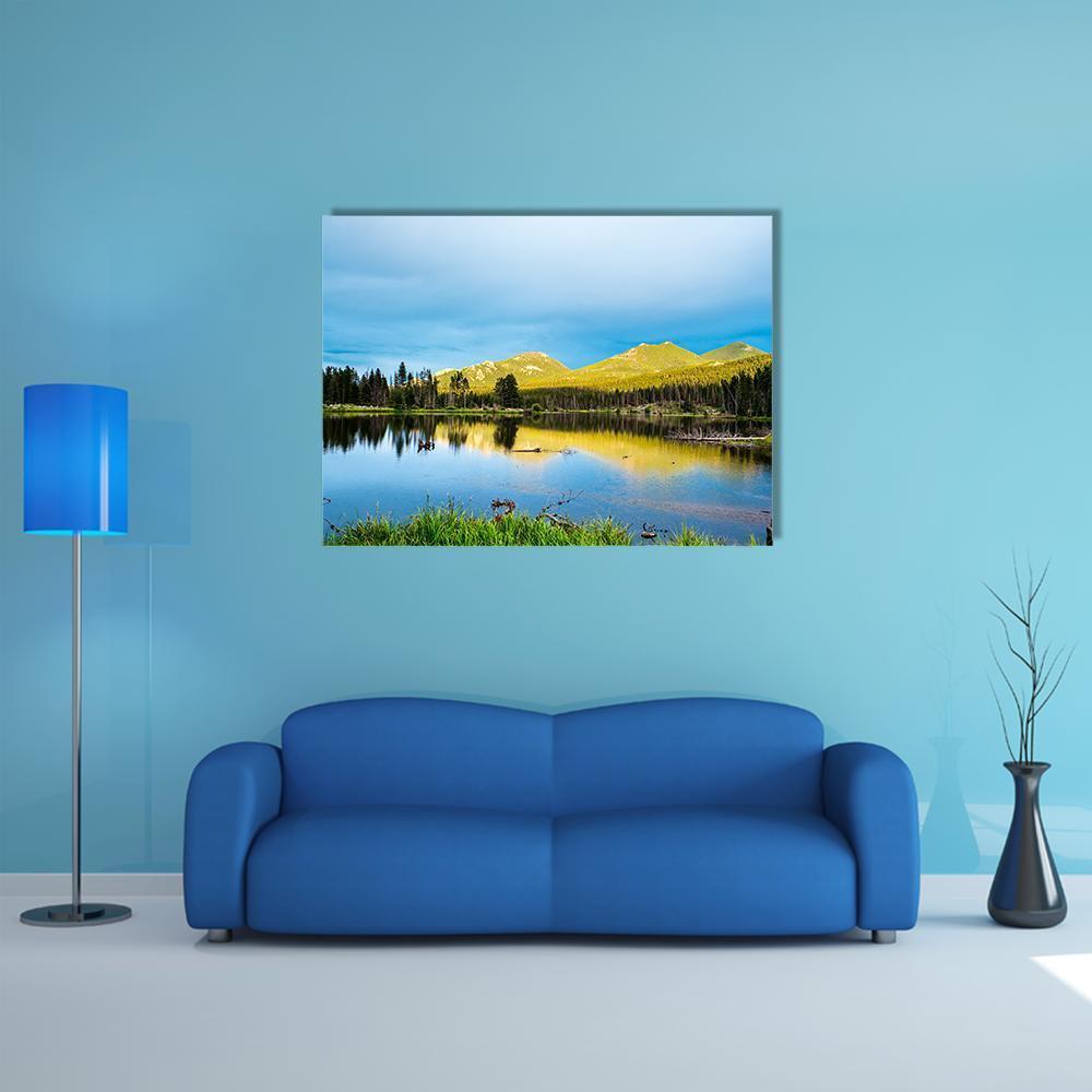 Forest And Mountains With Lake Canvas Wall Art-1 Piece-Gallery Wrap-48" x 32"-Tiaracle