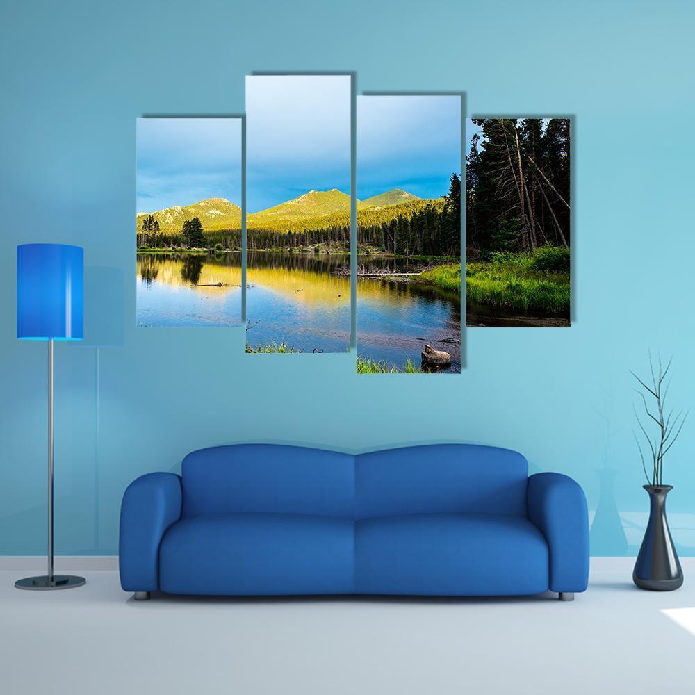Forest And Mountains With Lake Canvas Wall Art-4 Pop-Gallery Wrap-50" x 32"-Tiaracle