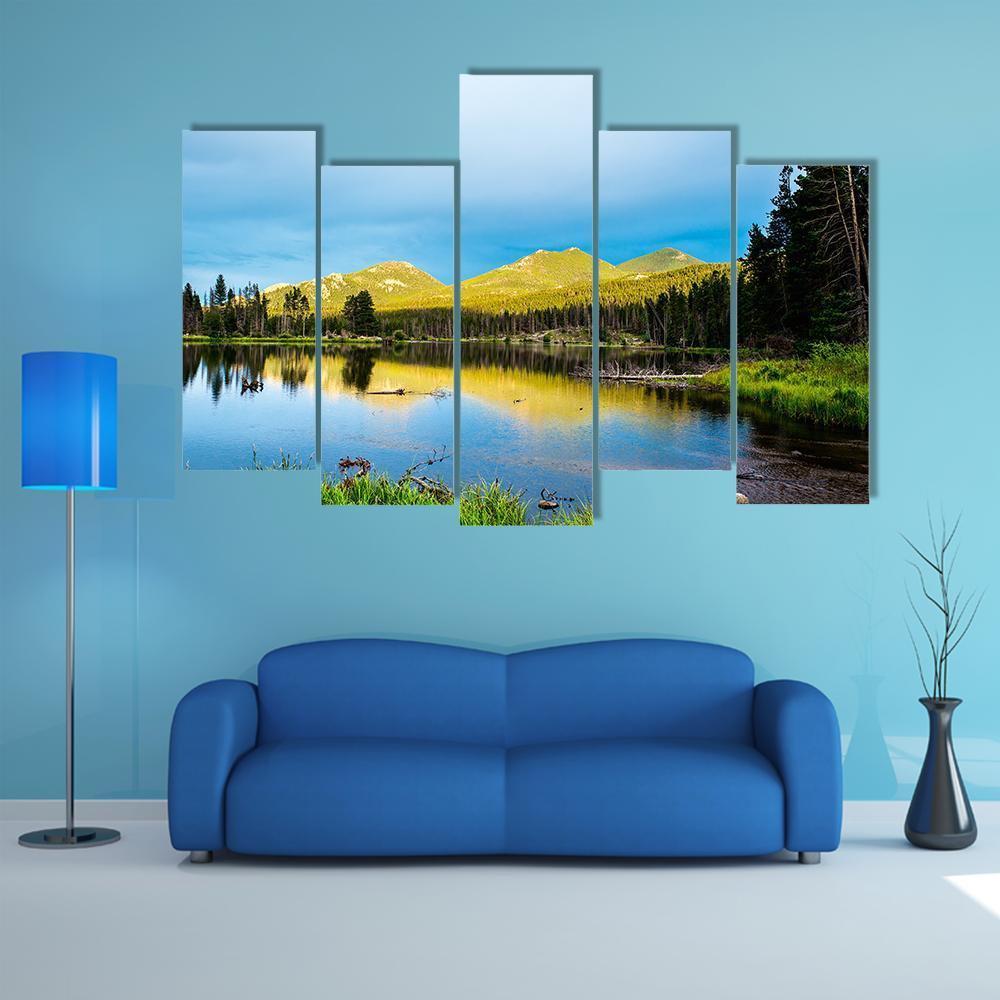 Forest And Mountains With Lake Canvas Wall Art-5 Pop-Gallery Wrap-47" x 32"-Tiaracle