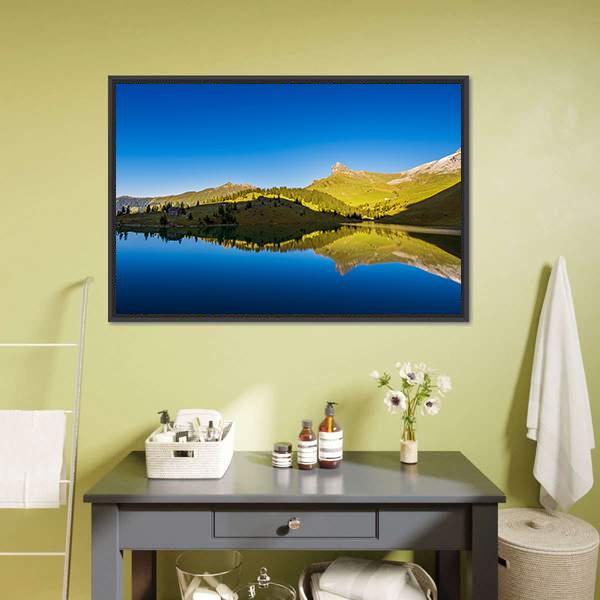 Forest And Mountains With Lake Canvas Wall Art-1 Piece-Floating Frame-24" x 16"-Tiaracle