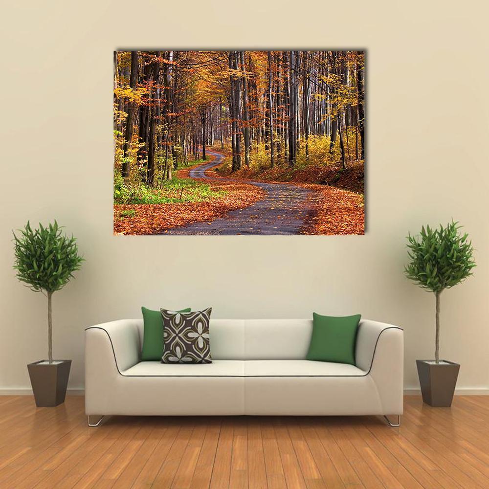 Winding Forest Road in Autumn Canvas Wall Art in brown, orange and yellow, single panel hung on a wall