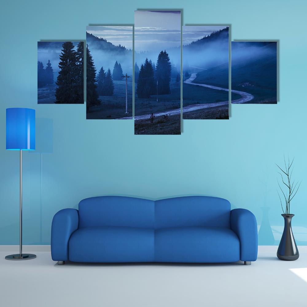 Forest In Foggy Mountains Canvas Wall Art-5 Star-Gallery Wrap-62" x 32"-Tiaracle